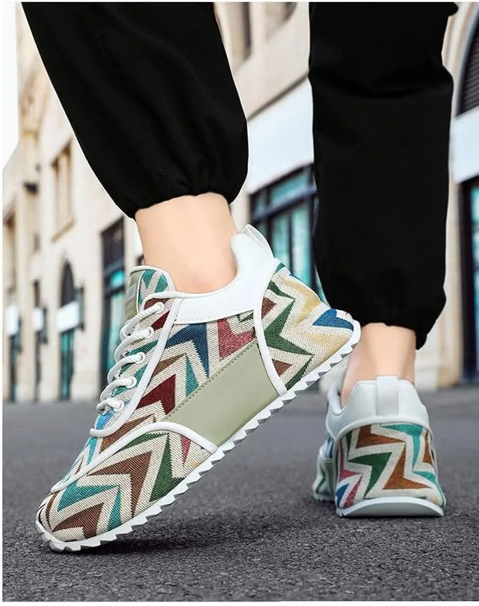 Multicolor Geometric Print Sneakers - White Sole with Green Accents, Breathable Mesh Upper Design for Casual Style