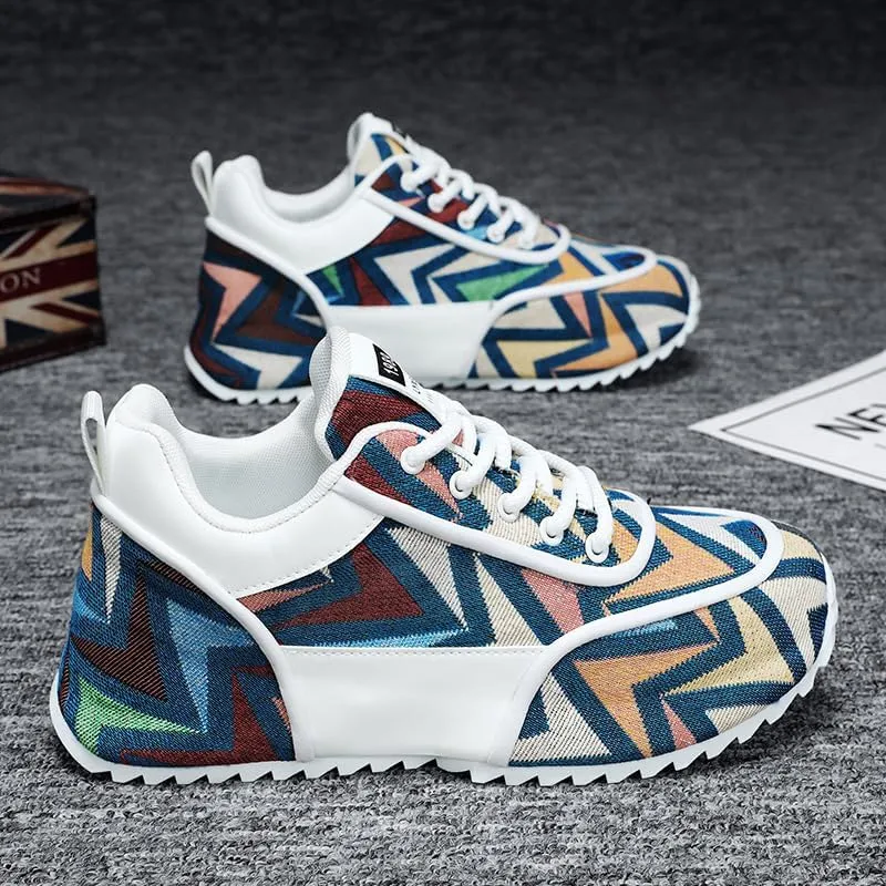 Multicolor Geometric Print Sneakers - White Sole with Green Accents, Breathable Mesh Upper Design for Casual Style