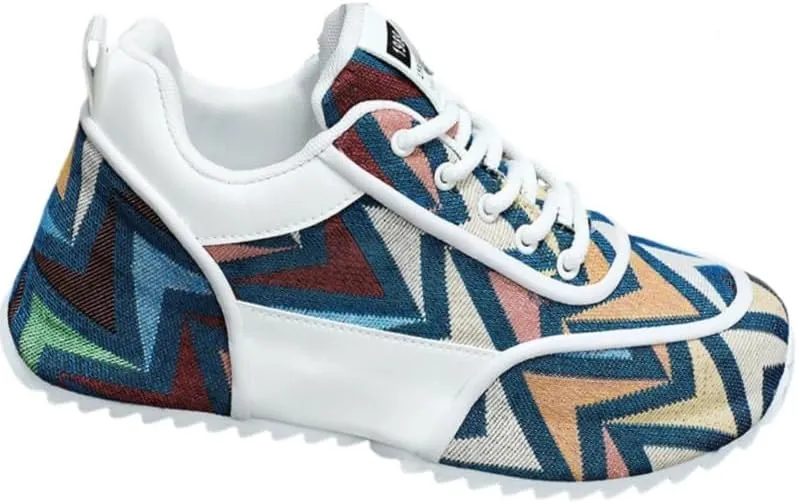 Multicolor Geometric Print Sneakers - White Sole with Green Accents, Breathable Mesh Upper Design for Casual Style