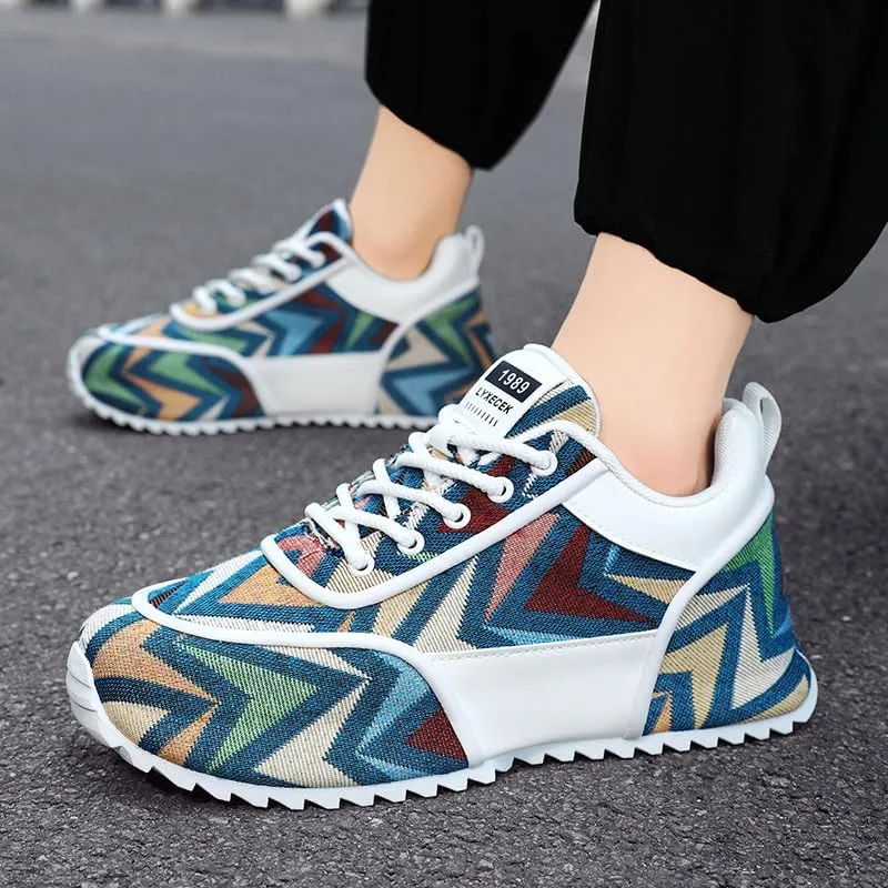 Multicolor Geometric Print Sneakers - White Sole with Green Accents, Breathable Mesh Upper Design for Casual Style