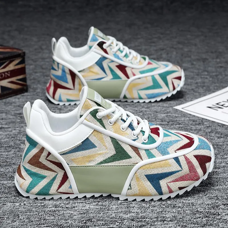 Multicolor Geometric Print Sneakers - White Sole with Green Accents, Breathable Mesh Upper Design for Casual Style