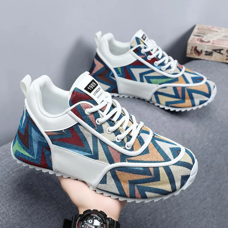 Multicolor Geometric Print Sneakers - White Sole with Green Accents, Breathable Mesh Upper Design for Casual Style
