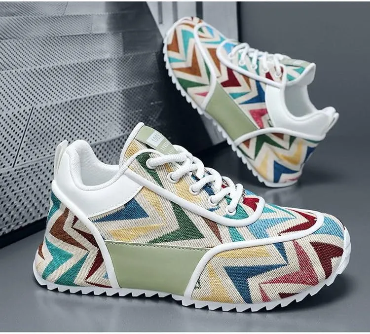Multicolor Geometric Print Sneakers - White Sole with Green Accents, Breathable Mesh Upper Design for Casual Style