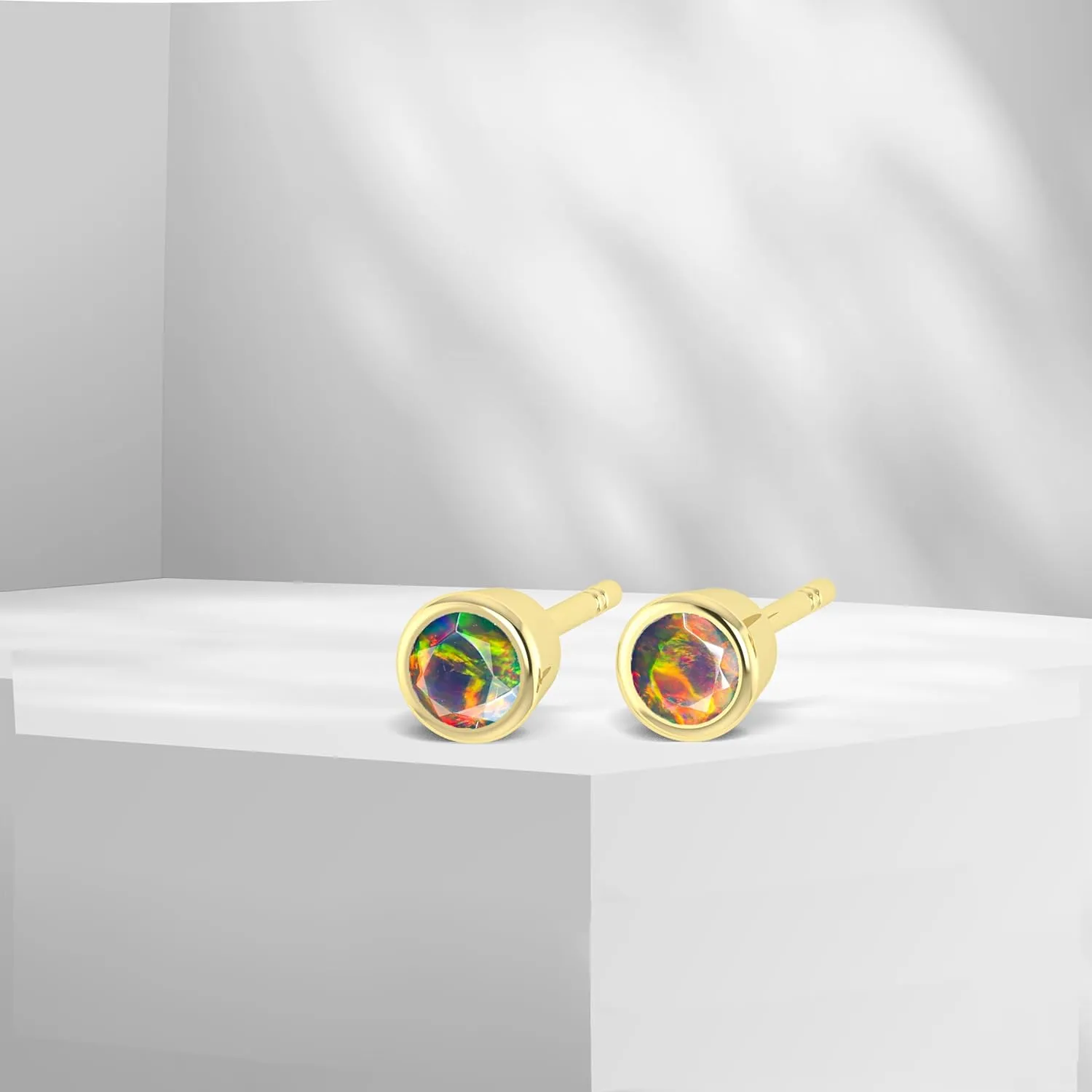 Natural Fire Opal Minimalist Stud Earring for Women | Genuine Round Opal Stud Earrings | Rainbow Fire Stud Earrings | 925 Sterling Silver/14K Gold Filled