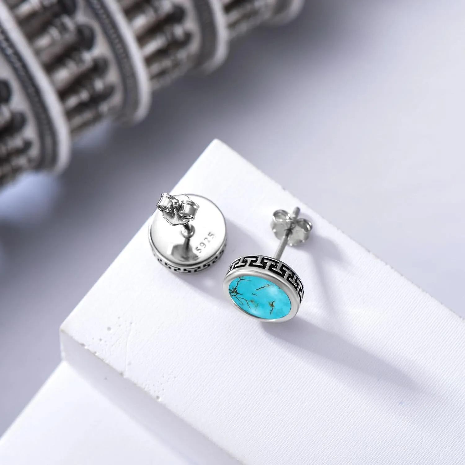 Natural Gemstone Stud Earrings for Men 925 Sterling Silver Male Earrings with Round Genuine Gemstone Jewelry Gifts for Him