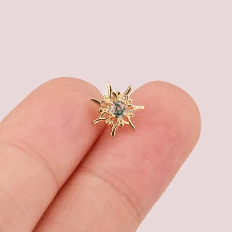 Natural Moss Agate Sun Internally Threaded Earring Sun Shape Cartilage Stud Earring Tiny Conch Earring Moss Agate Helix Tragus Stud (YELLOW GOLD PLATING)