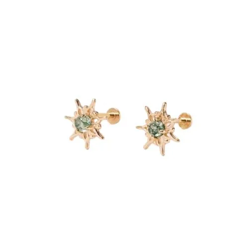 Natural Moss Agate Sun Internally Threaded Earring Sun Shape Cartilage Stud Earring Tiny Conch Earring Moss Agate Helix Tragus Stud (YELLOW GOLD PLATING)