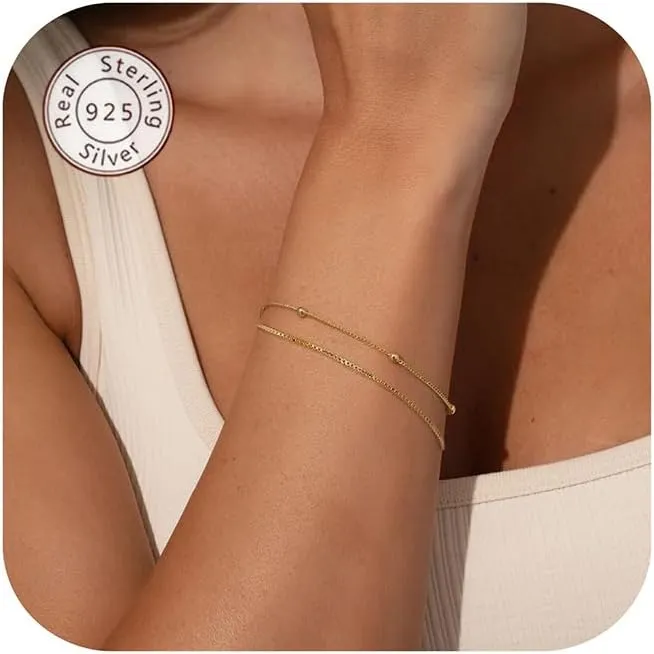 NOKMIT Solid 925 Sterling Silver Bracelets for Women, Dainty Interlocking Circles Cubic Zirconia Adjustable Chain Bracelet, Trendy Stackable Link Bracelets, Simple Cute Jewelry Gifts