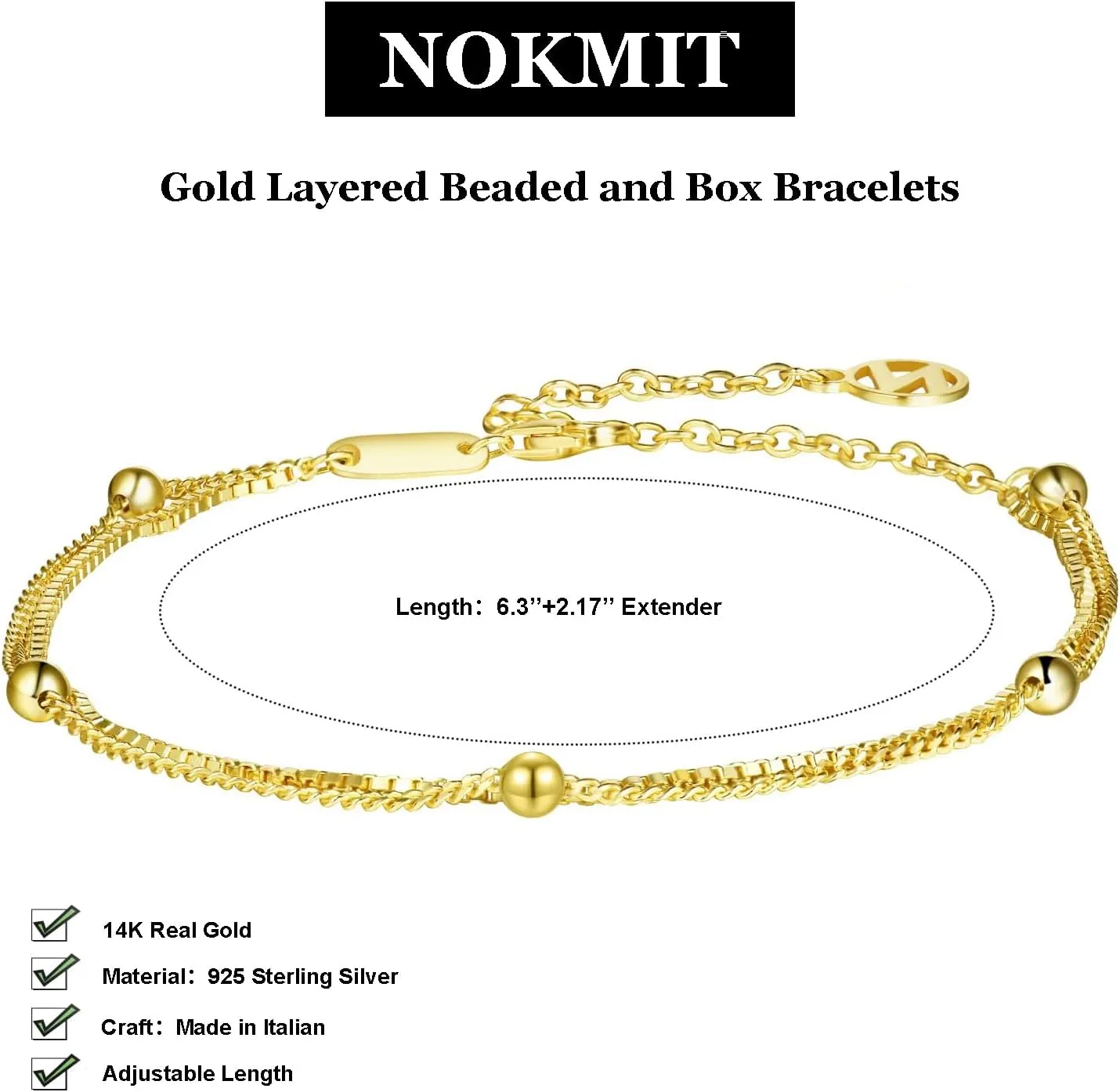NOKMIT Solid 925 Sterling Silver Bracelets for Women, Dainty Interlocking Circles Cubic Zirconia Adjustable Chain Bracelet, Trendy Stackable Link Bracelets, Simple Cute Jewelry Gifts
