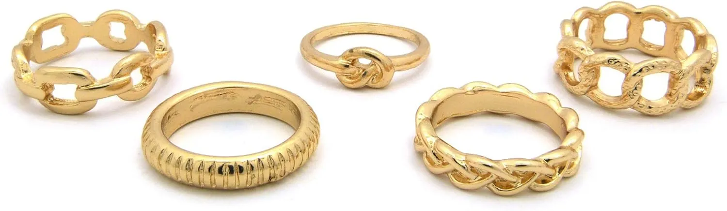 NYFASHION101 5 Piece Multi-Style Midi Ring Set-Chain, Ridges, Pretzel, Braids, Infinity Design