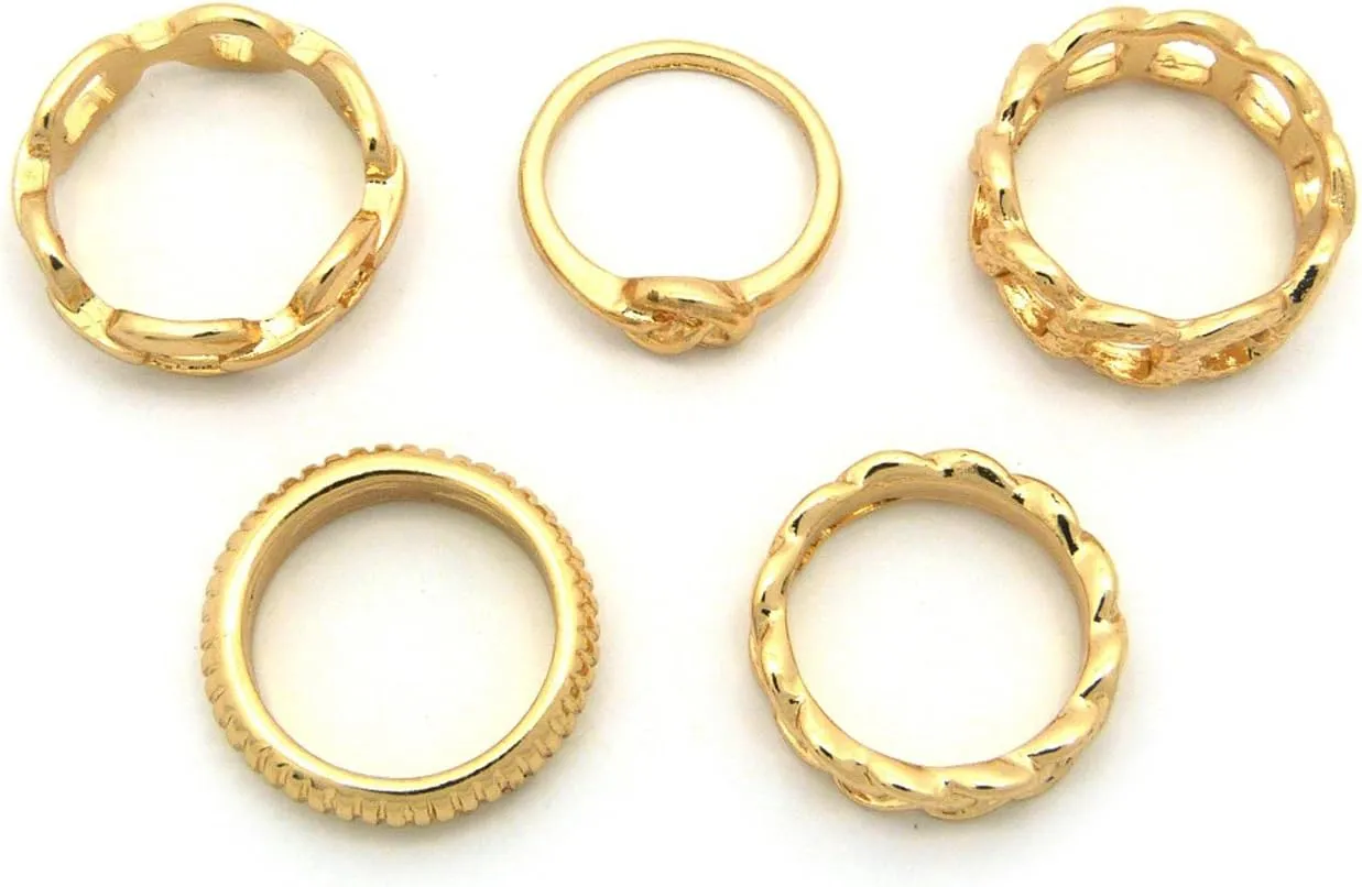 NYFASHION101 5 Piece Multi-Style Midi Ring Set-Chain, Ridges, Pretzel, Braids, Infinity Design