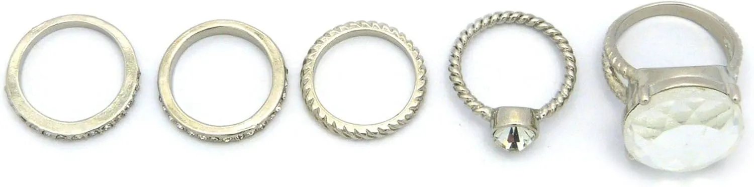 NYFASHION101 5 Piece Simple Thin Multi-Style Midi Ring Set with Big Rhinestone Accent Piece