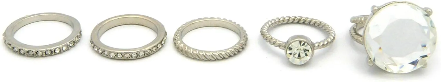 NYFASHION101 5 Piece Simple Thin Multi-Style Midi Ring Set with Big Rhinestone Accent Piece