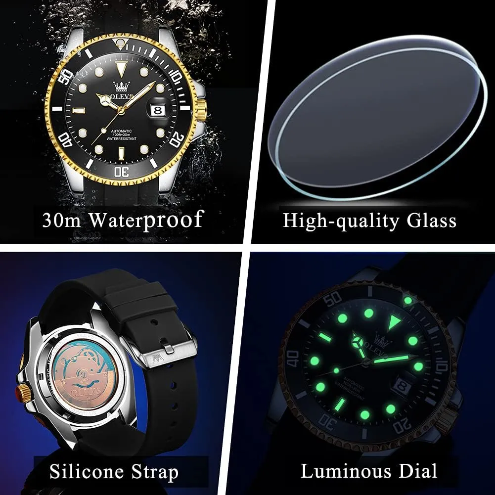 OLEVS Automatic Watch for Men, Big Face Business Casual Men's Self Winding Watch with Date, Classic Rotatable Bezel Luminous Waterproof Dress Watch for Men, Stainless Steel Band