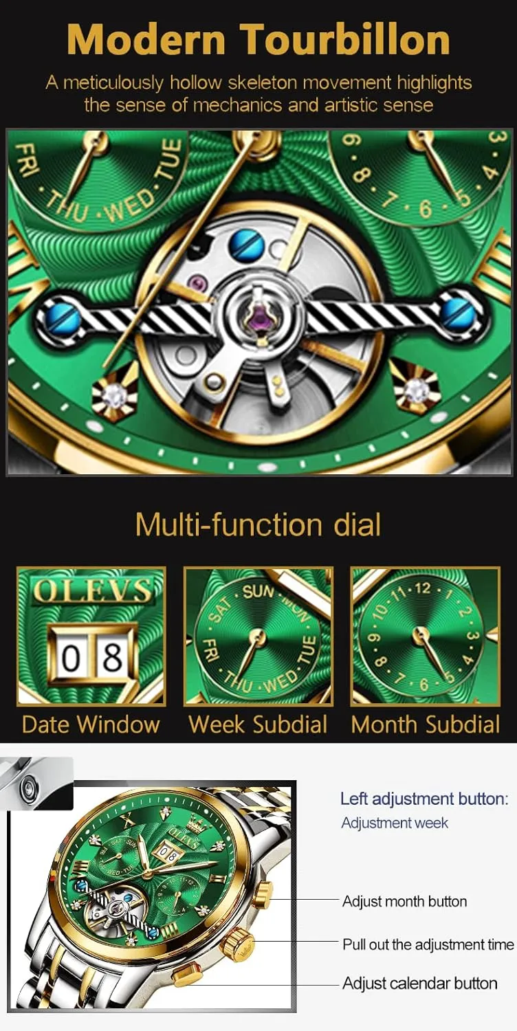OLEVS Men Automatic Watch Mechanical Self Winding Watches for Men Skeleton Business Dress Luminous Waterproof Diamond Week Month