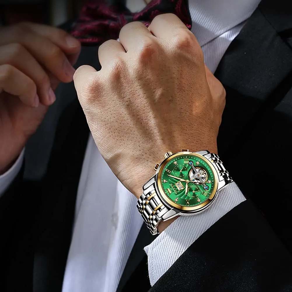 OLEVS Men Automatic Watch Mechanical Self Winding Watches for Men Skeleton Business Dress Luminous Waterproof Diamond Week Month