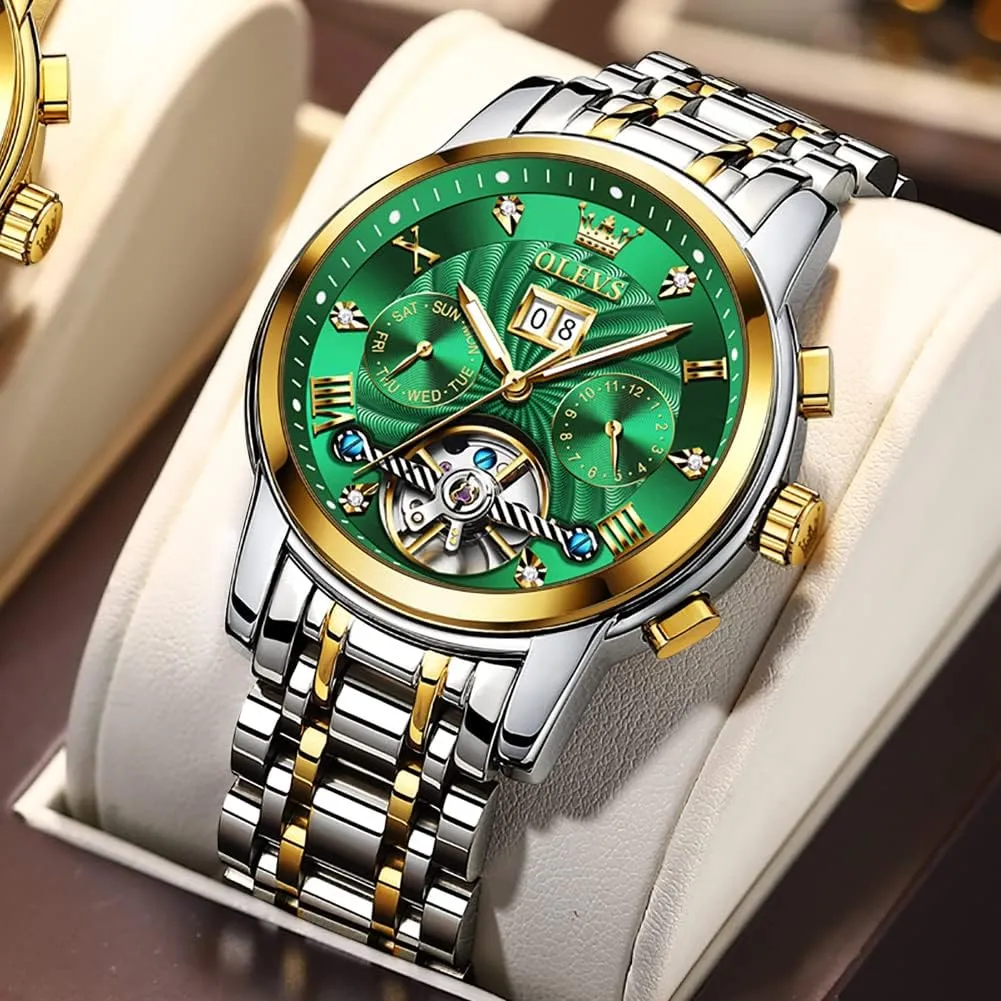 OLEVS Men Automatic Watch Mechanical Self Winding Watches for Men Skeleton Business Dress Luminous Waterproof Diamond Week Month
