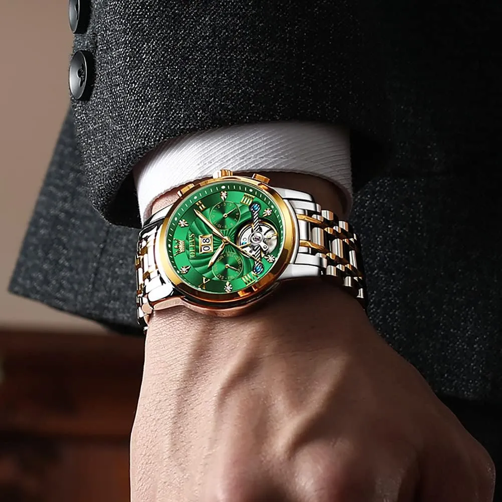 OLEVS Men Automatic Watch Mechanical Self Winding Watches for Men Skeleton Business Dress Luminous Waterproof Diamond Week Month