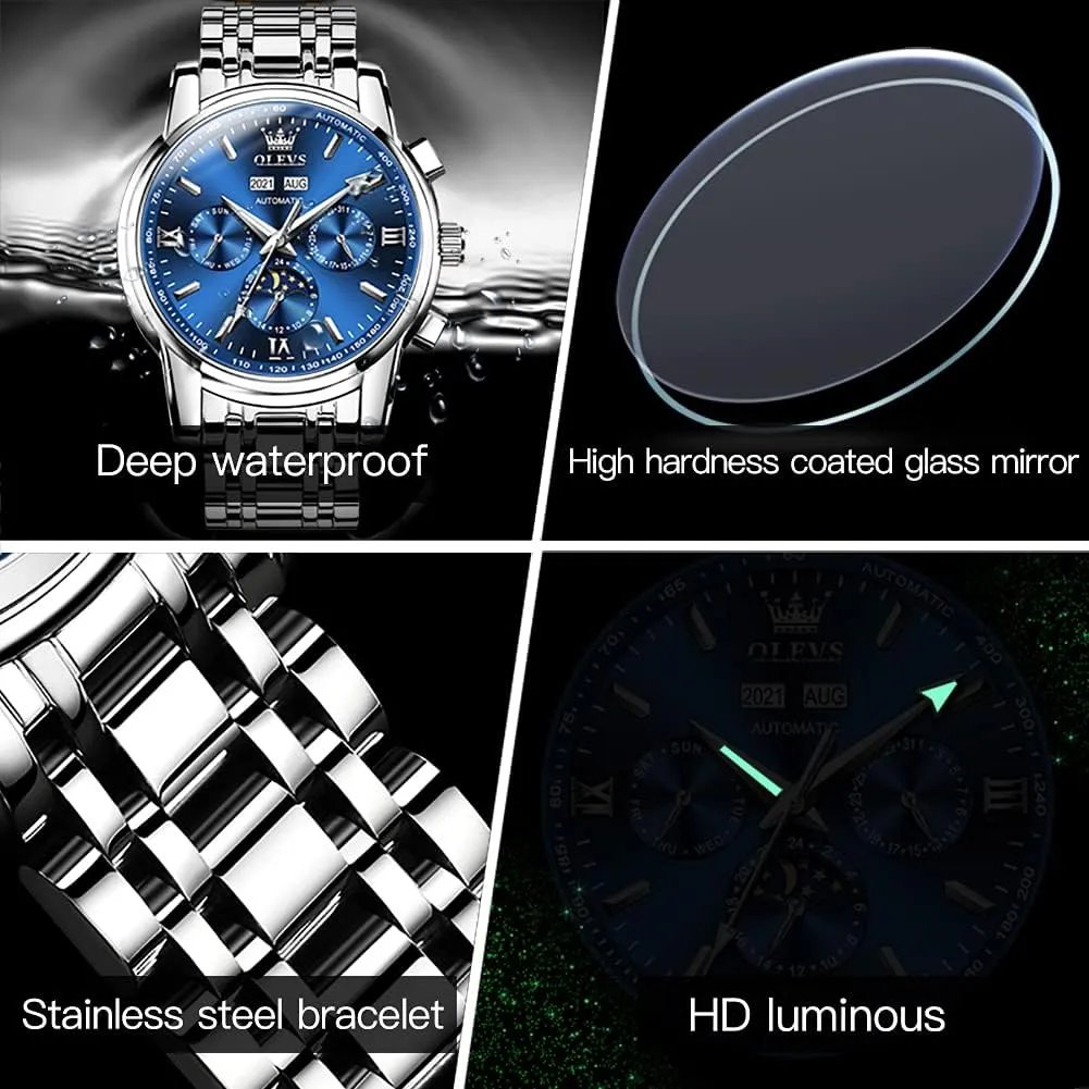 OLEVS Mens Watch Automatic Mechanical Tourbillon Self Winding Luxury Stainless Steel Waterproof Luminous Date Wrist Watch