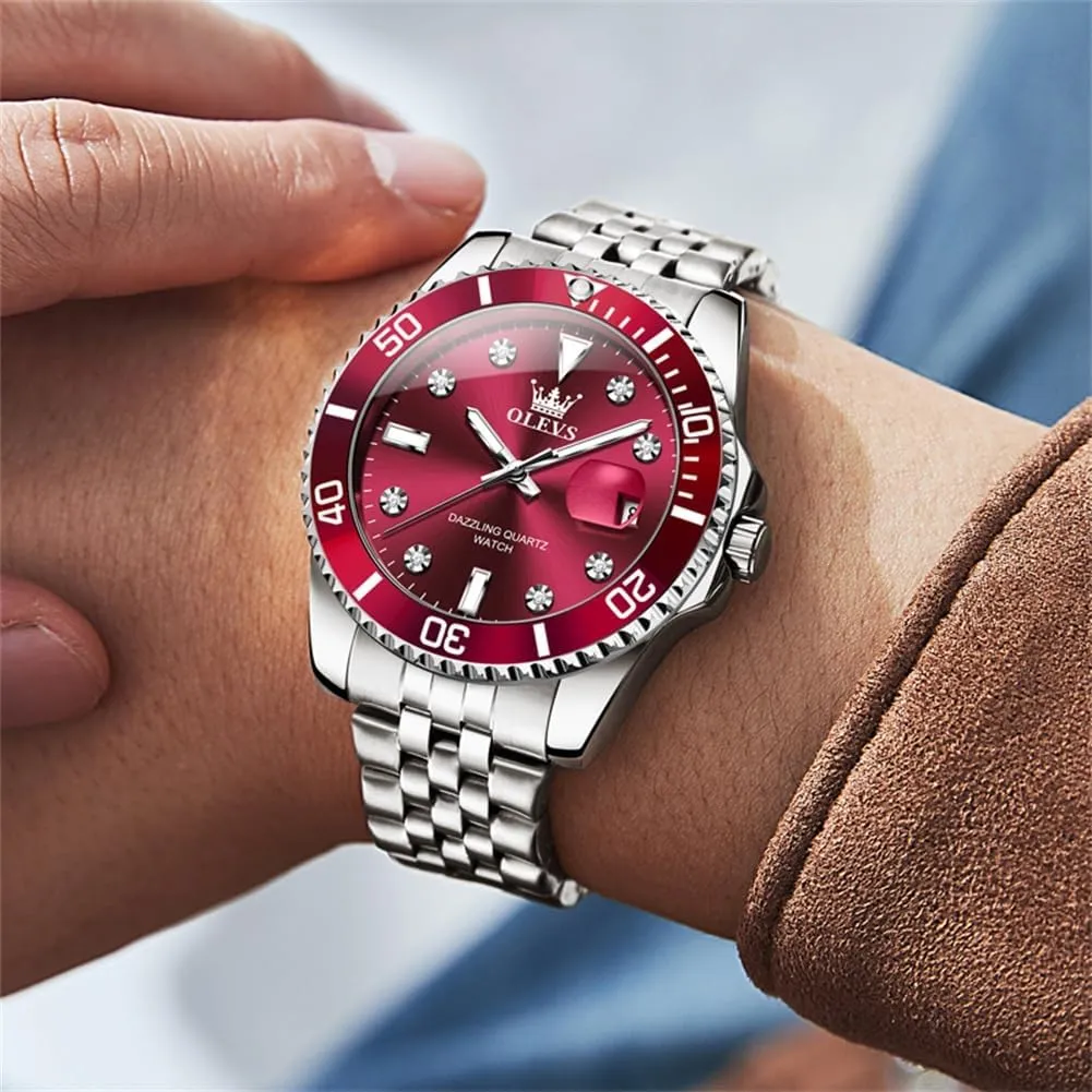OLEVS Watch for Men Stainless Steel Business Dress Diamond Large Dial Waterproof Mens Watches with Date Wrist Watch