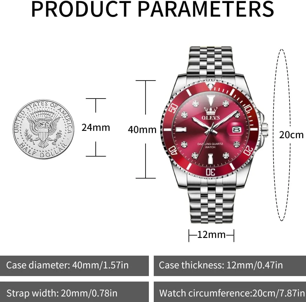 OLEVS Watch for Men Stainless Steel Business Dress Diamond Large Dial Waterproof Mens Watches with Date Wrist Watch