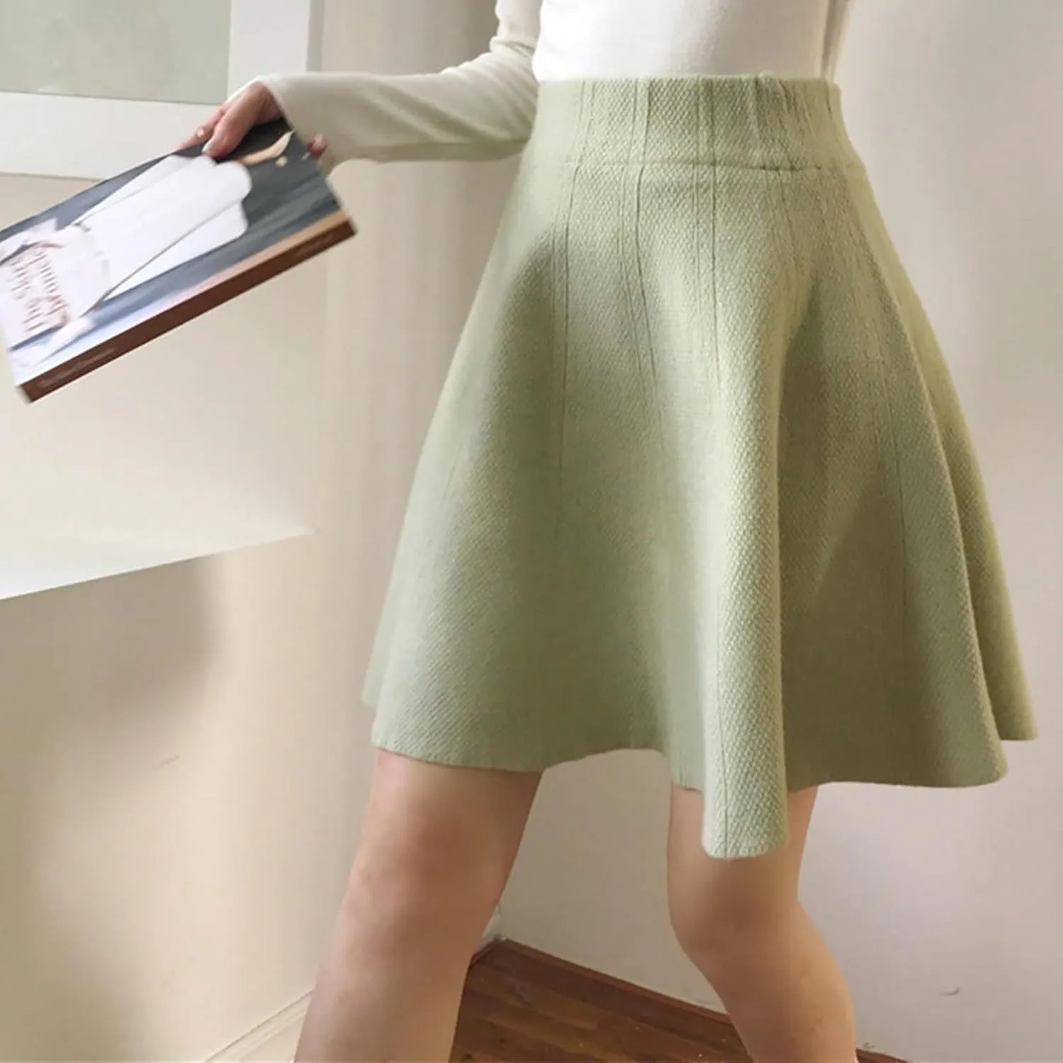 Oplxuo Women's Fall Mini Skirts Knit High Waisted A-Line Short Skirt Solid Color Pleated Club Party Skirts