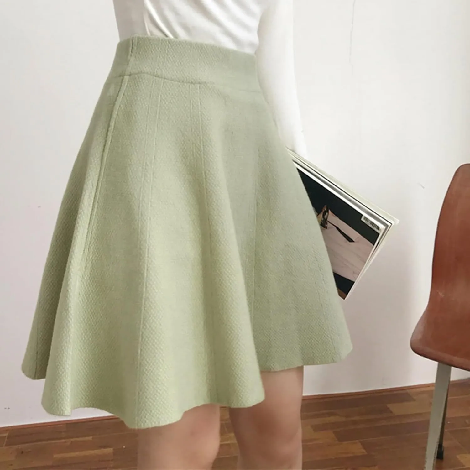 Oplxuo Women's Fall Mini Skirts Knit High Waisted A-Line Short Skirt Solid Color Pleated Club Party Skirts