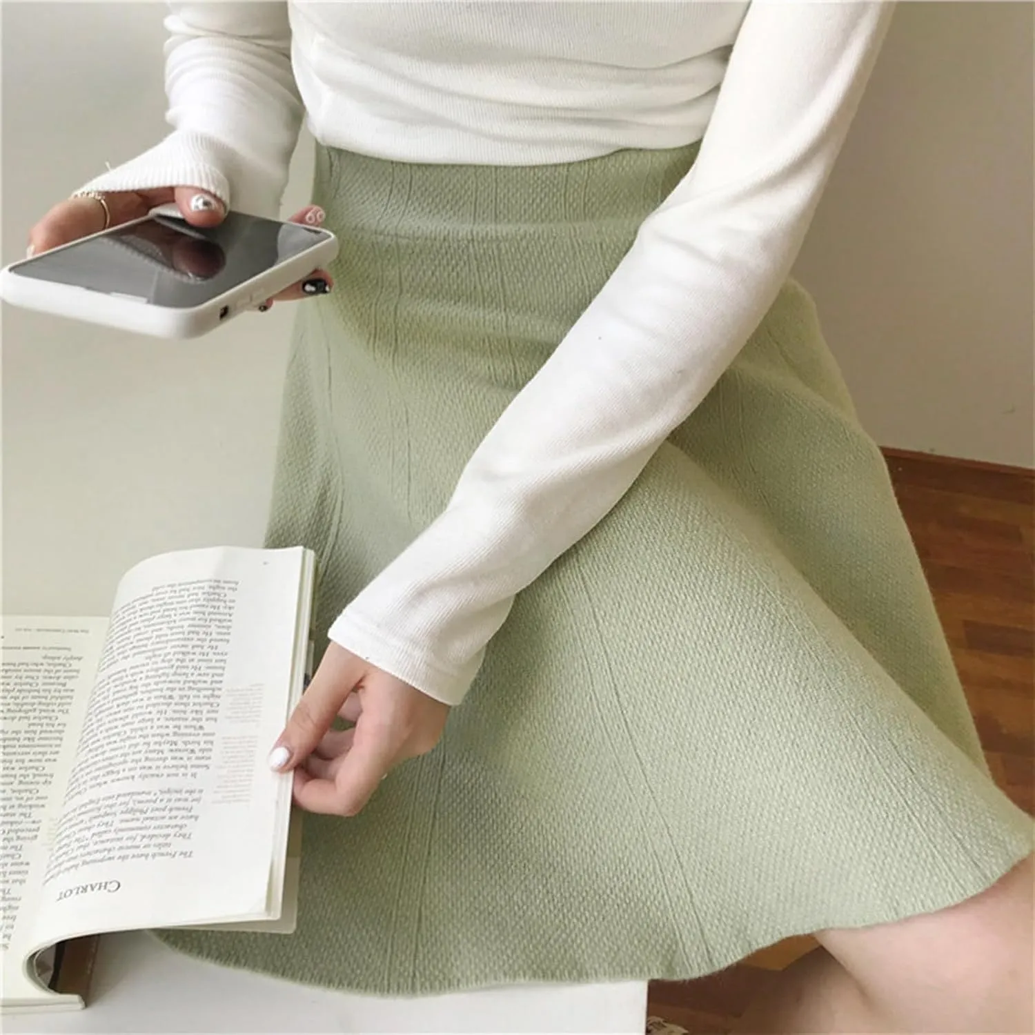 Oplxuo Women's Fall Mini Skirts Knit High Waisted A-Line Short Skirt Solid Color Pleated Club Party Skirts