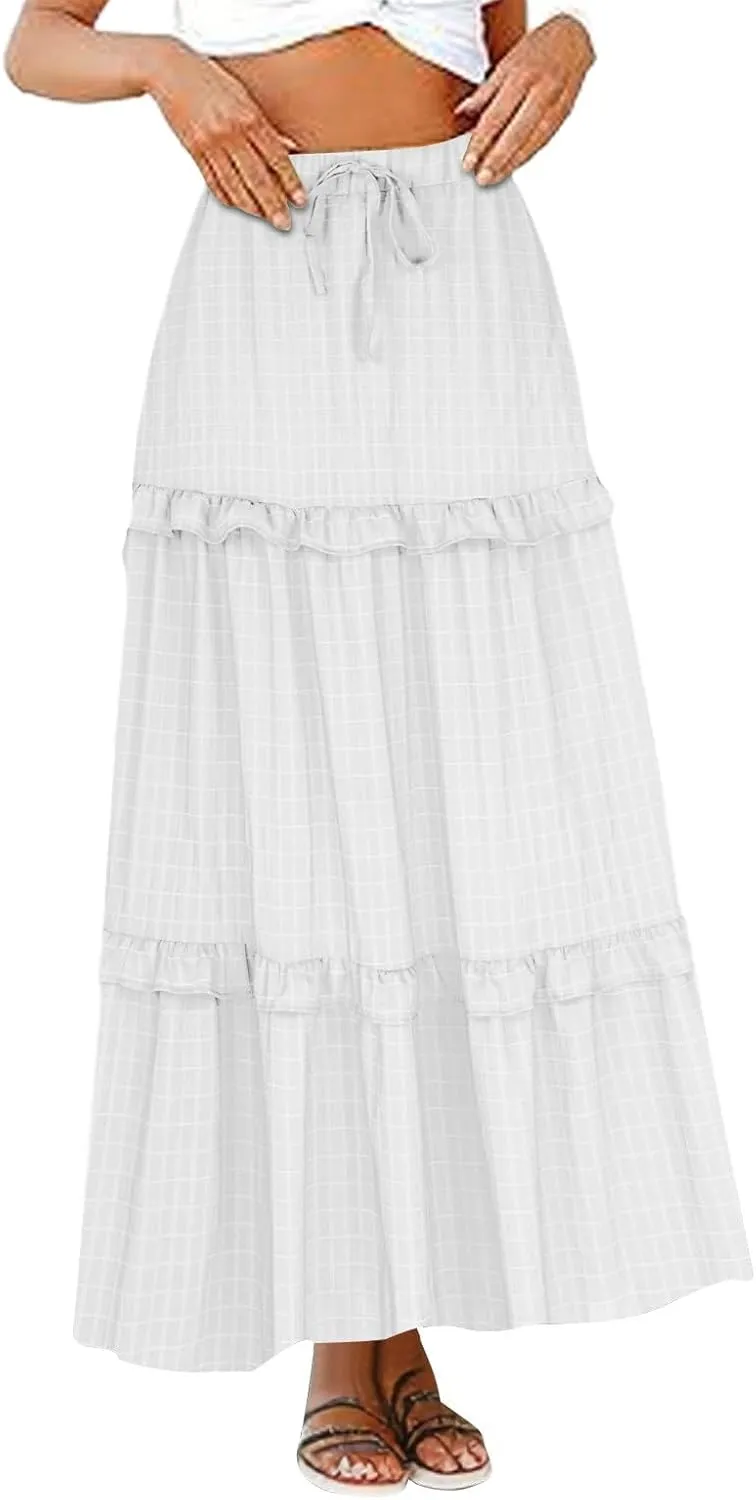 Oplxuo Women's Long Skirt Elegant High Waist Tiered Ruffle Cocktail Party Wedding Guest Dress Flared A-Line Maxi Skirts