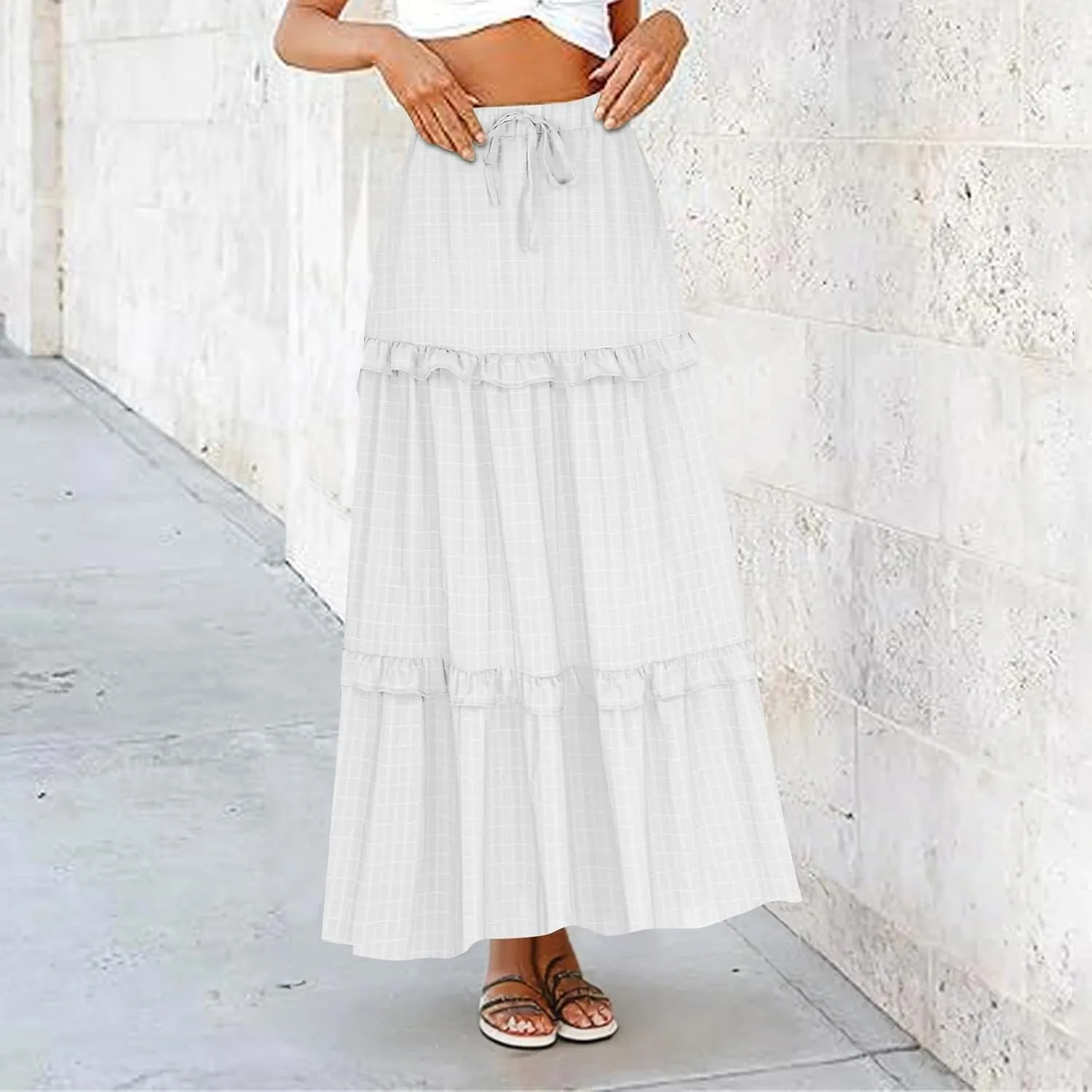Oplxuo Women's Long Skirt Elegant High Waist Tiered Ruffle Cocktail Party Wedding Guest Dress Flared A-Line Maxi Skirts