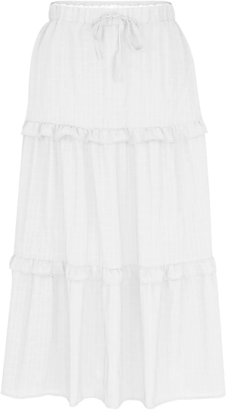 Oplxuo Women's Long Skirt Elegant High Waist Tiered Ruffle Cocktail Party Wedding Guest Dress Flared A-Line Maxi Skirts