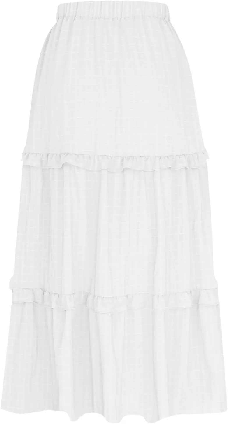 Oplxuo Women's Long Skirt Elegant High Waist Tiered Ruffle Cocktail Party Wedding Guest Dress Flared A-Line Maxi Skirts