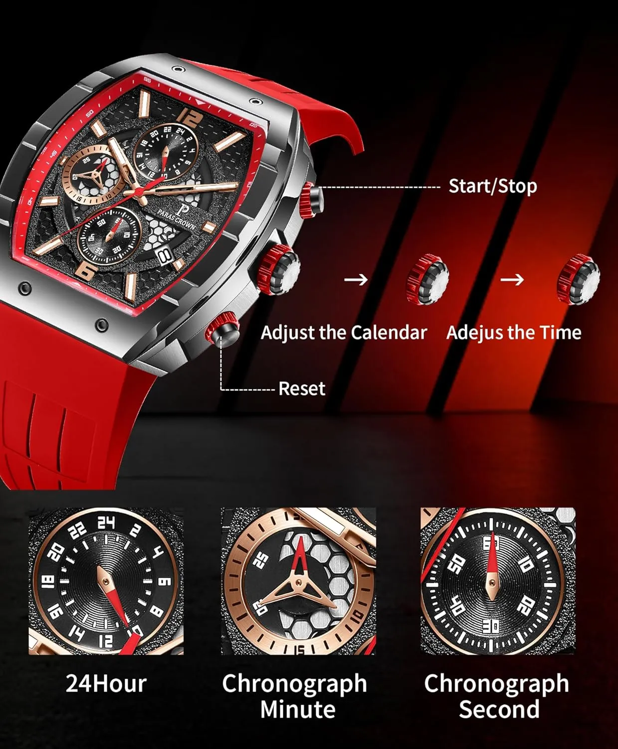 Paras Crown Watches for Men Luxury Fashion Analog 50M Waterproof Sports Watch with Tonneau Dial Luminous Quartz Business Wrist Watch
