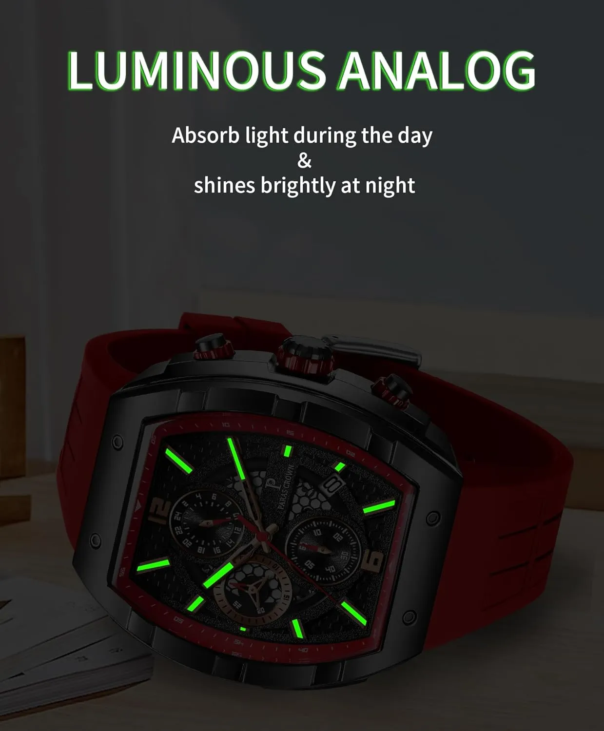 Paras Crown Watches for Men Luxury Fashion Analog 50M Waterproof Sports Watch with Tonneau Dial Luminous Quartz Business Wrist Watch