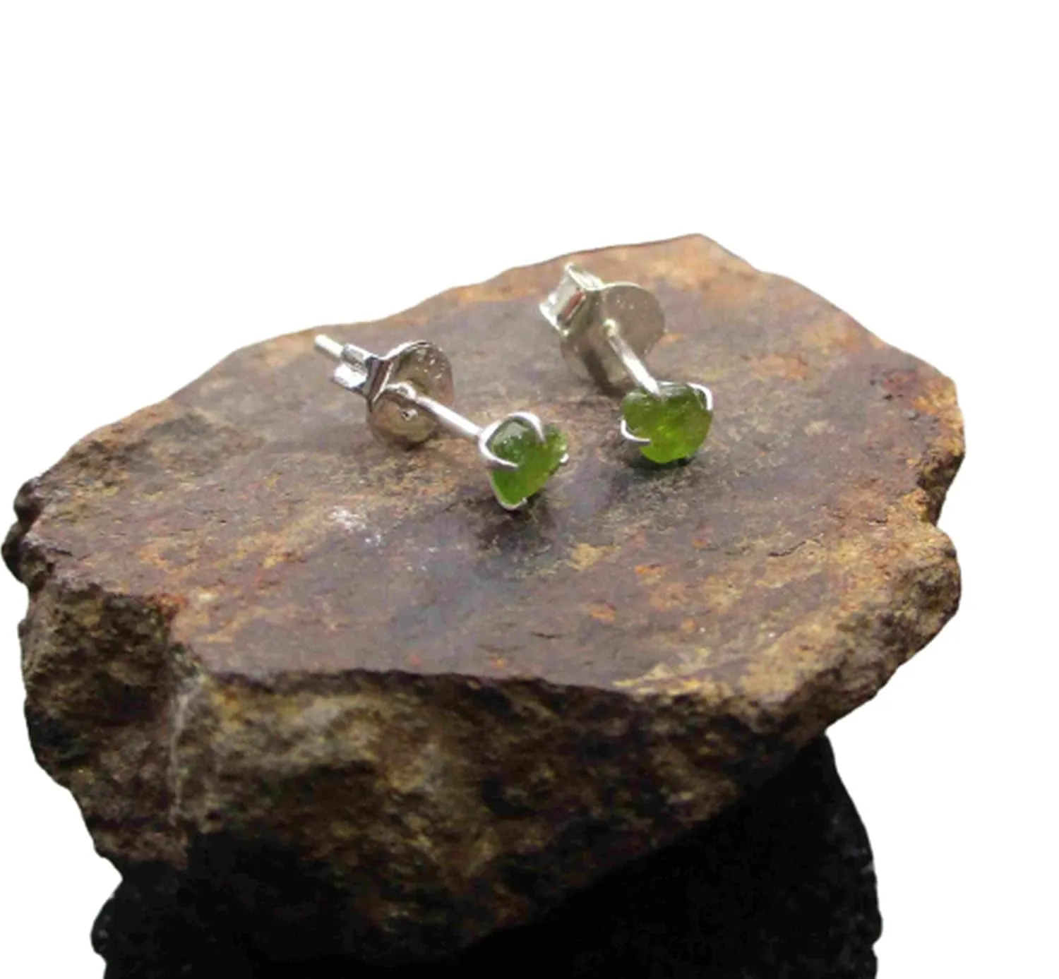 Peridot Silver Stud Earrings with Small 4mm Natural Green Gemstone Minimalist Gemstone Studs August Birthstone