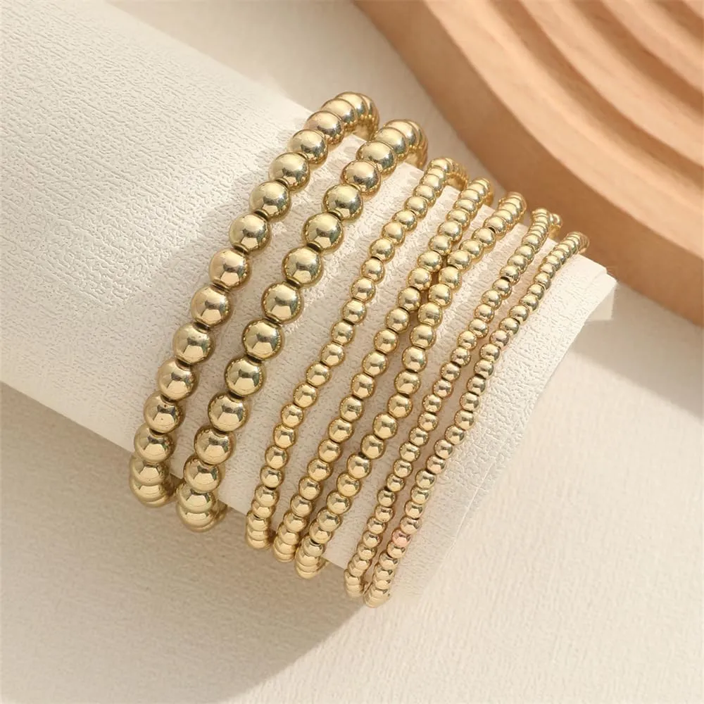 Pingyongchang Gold Plated Beaded Bracelets for Women Delicate Handmade Stackable Elegant Stretch Bead Ball Bracelets Set for Women Party Gifts Jewelry