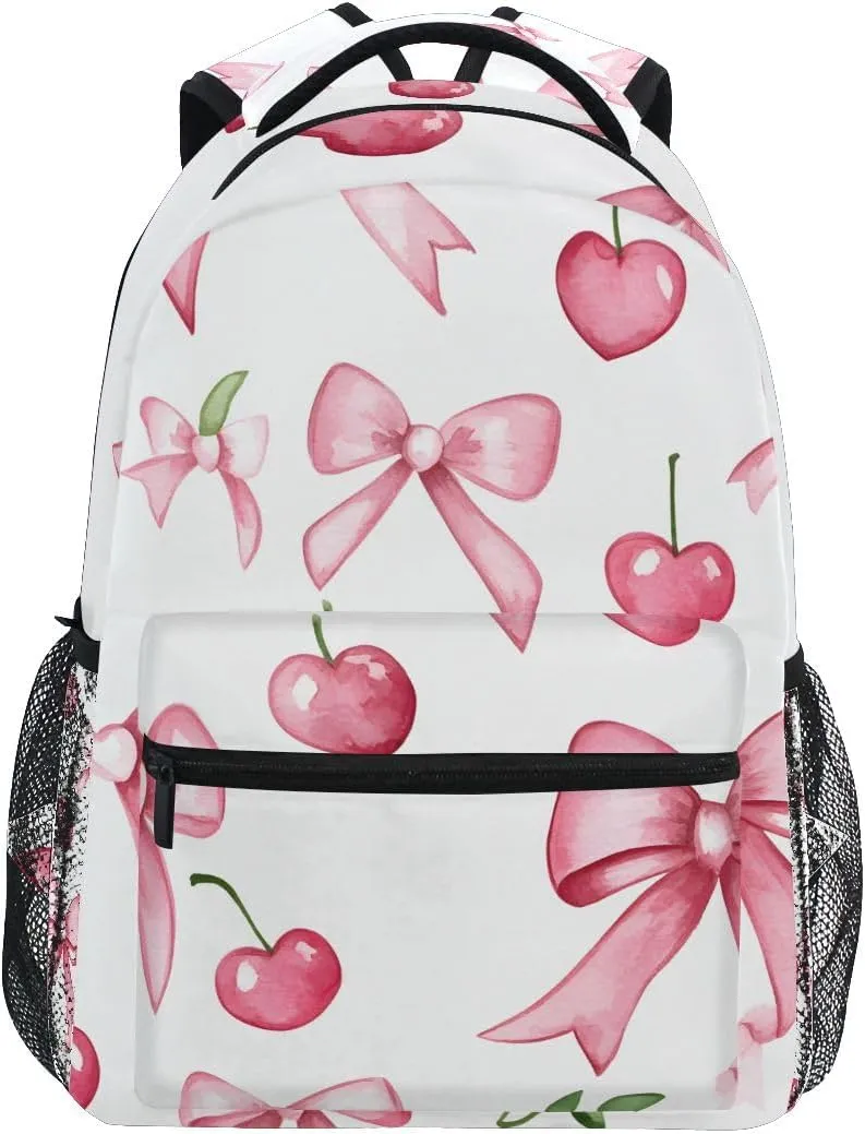 Pink Bow Cherry Backpack for Women Mens Girls Boys Teens, School Backpacks Students Laptop Bookbag Rucksack Casual Daypack for Hiking Traveling Camping Work