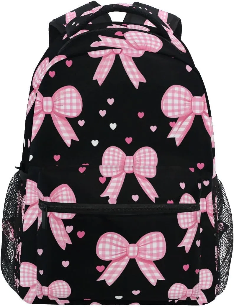 Pink Bow Heart Backpack for Women Mens Girls Boys Teens, School Backpacks Students Laptop Bookbag Rucksack Casual Daypack for Hiking Traveling Camping Work