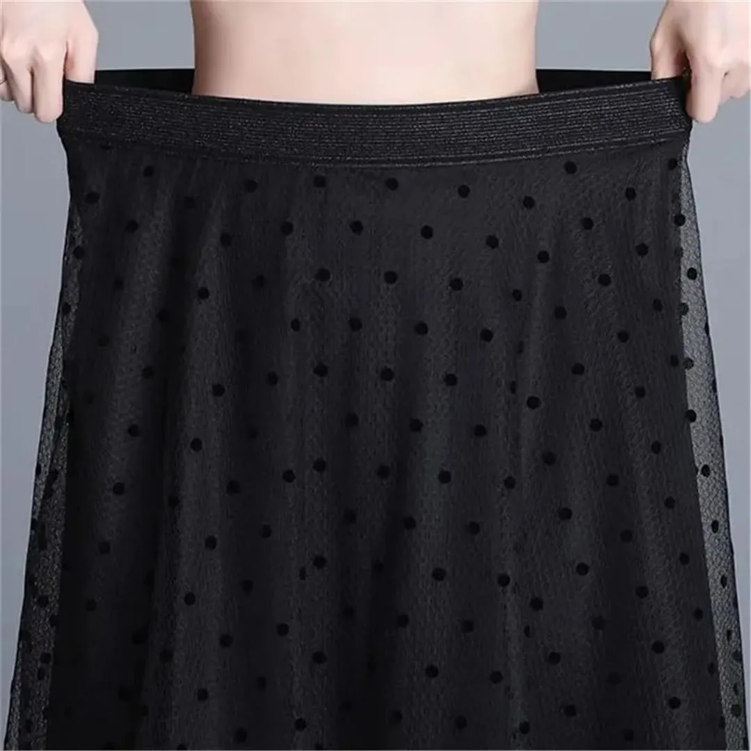 Polka Dot Tulle Black Midi Skirts Womens Elastic High Waist Mesh Tutu Pleated Skirts Lady Mesh Long Skirt Streetwear