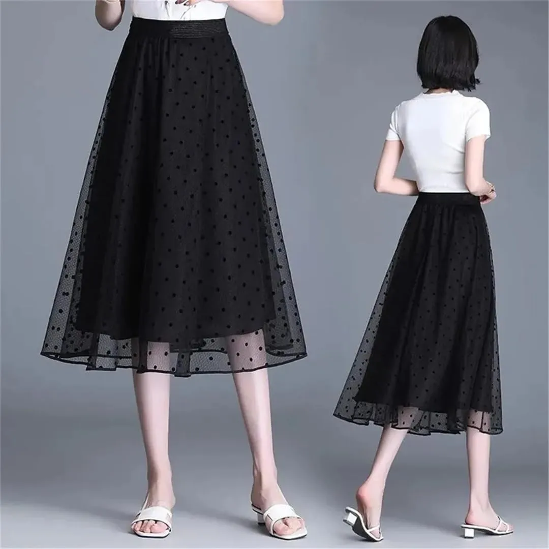 Polka Dot Tulle Black Midi Skirts Womens Elastic High Waist Mesh Tutu Pleated Skirts Lady Mesh Long Skirt Streetwear
