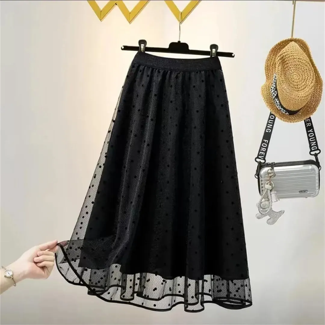 Polka Dot Tulle Black Midi Skirts Womens Elastic High Waist Mesh Tutu Pleated Skirts Lady Mesh Long Skirt Streetwear