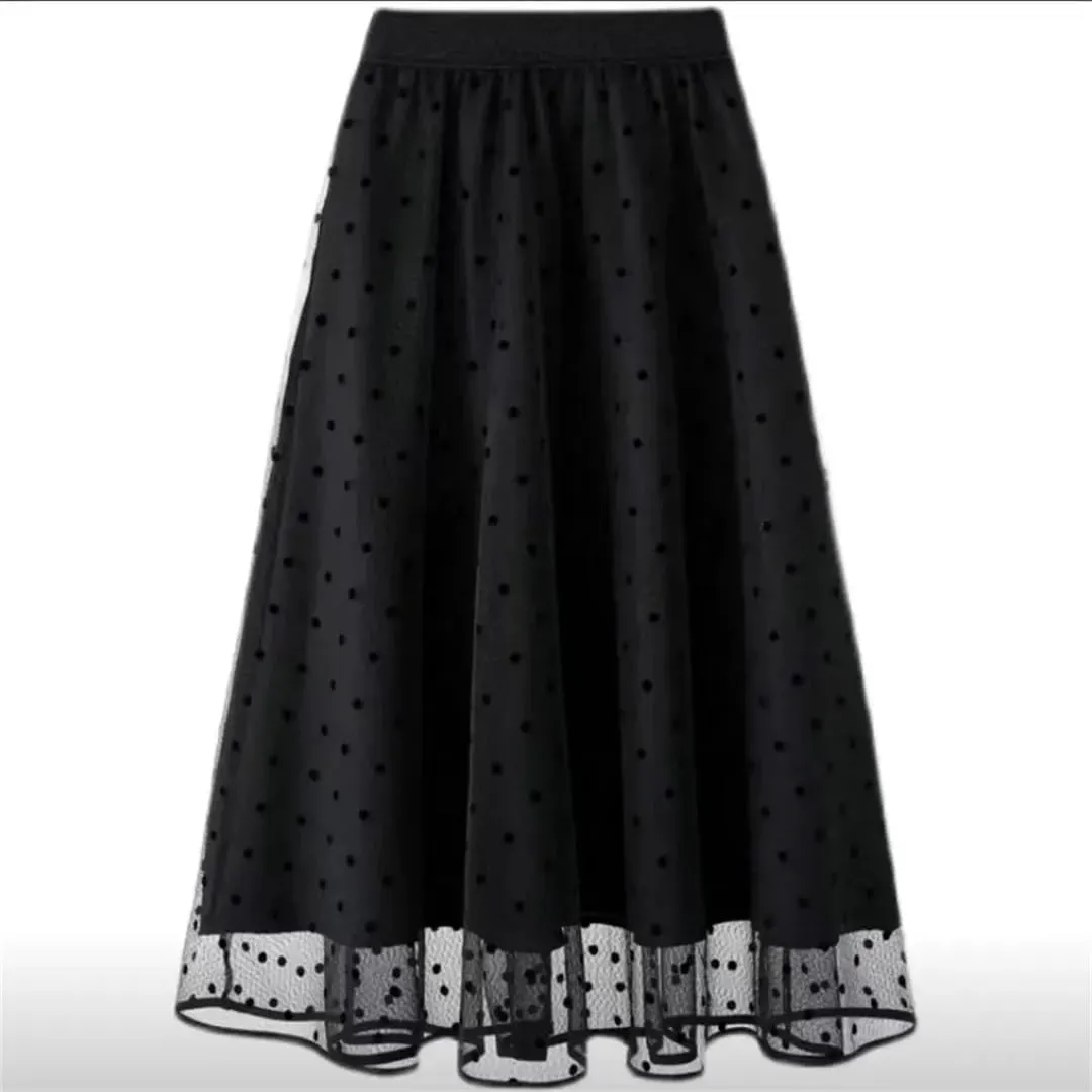 Polka Dot Tulle Black Midi Skirts Womens Elastic High Waist Mesh Tutu Pleated Skirts Lady Mesh Long Skirt Streetwear