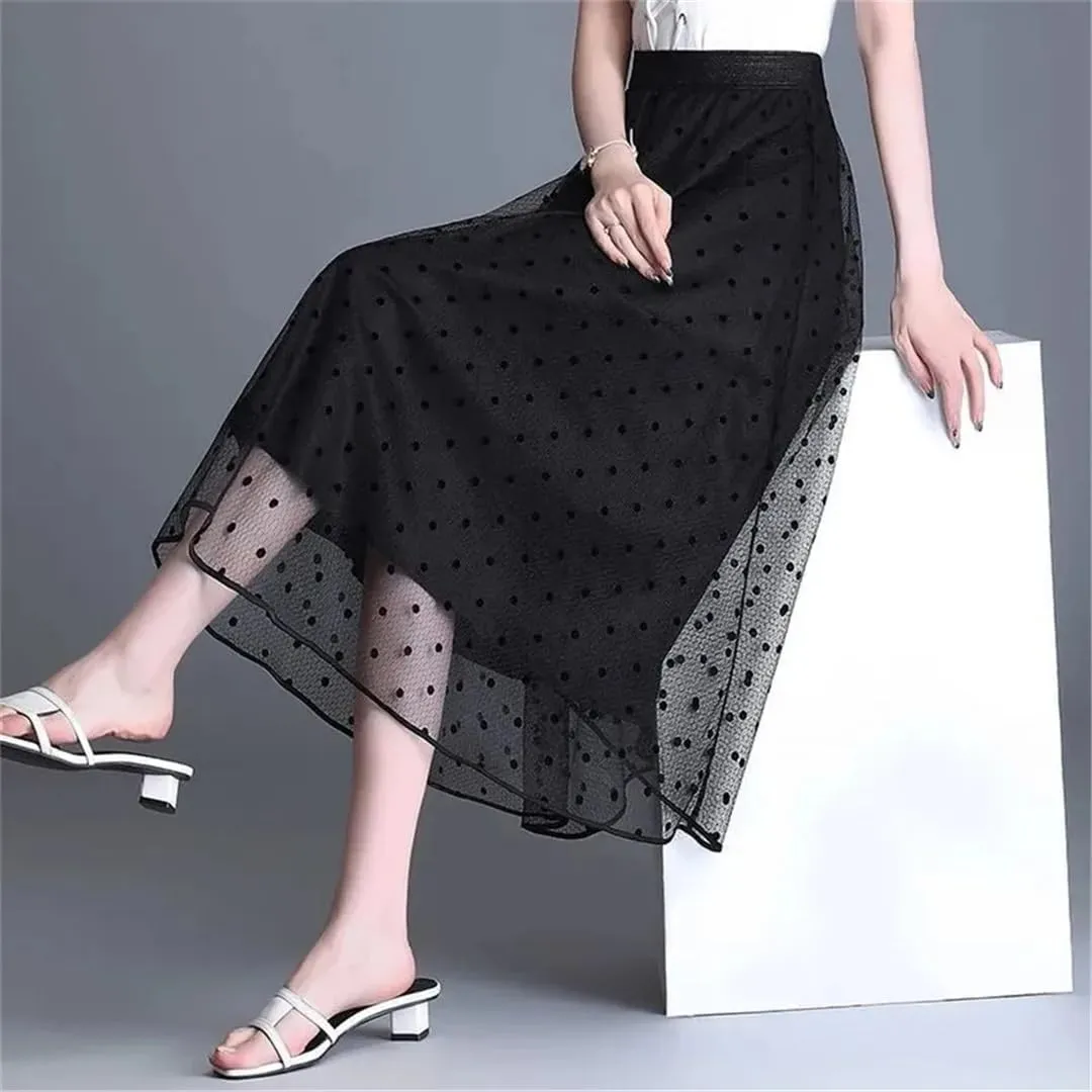 Polka Dot Tulle Black Midi Skirts Womens Elastic High Waist Mesh Tutu Pleated Skirts Lady Mesh Long Skirt Streetwear