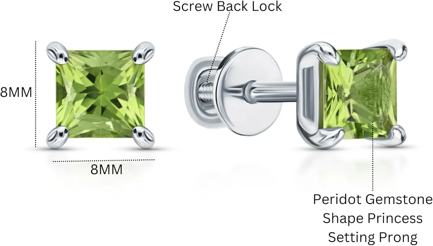 Princess Cut Chrysolite Peridot Stud Gemstone (1.65 ct) Earrings, 14k Gold Green Peridot Gemstone Studs, Birthstone Earrings, Square Stods, Gift For Her.