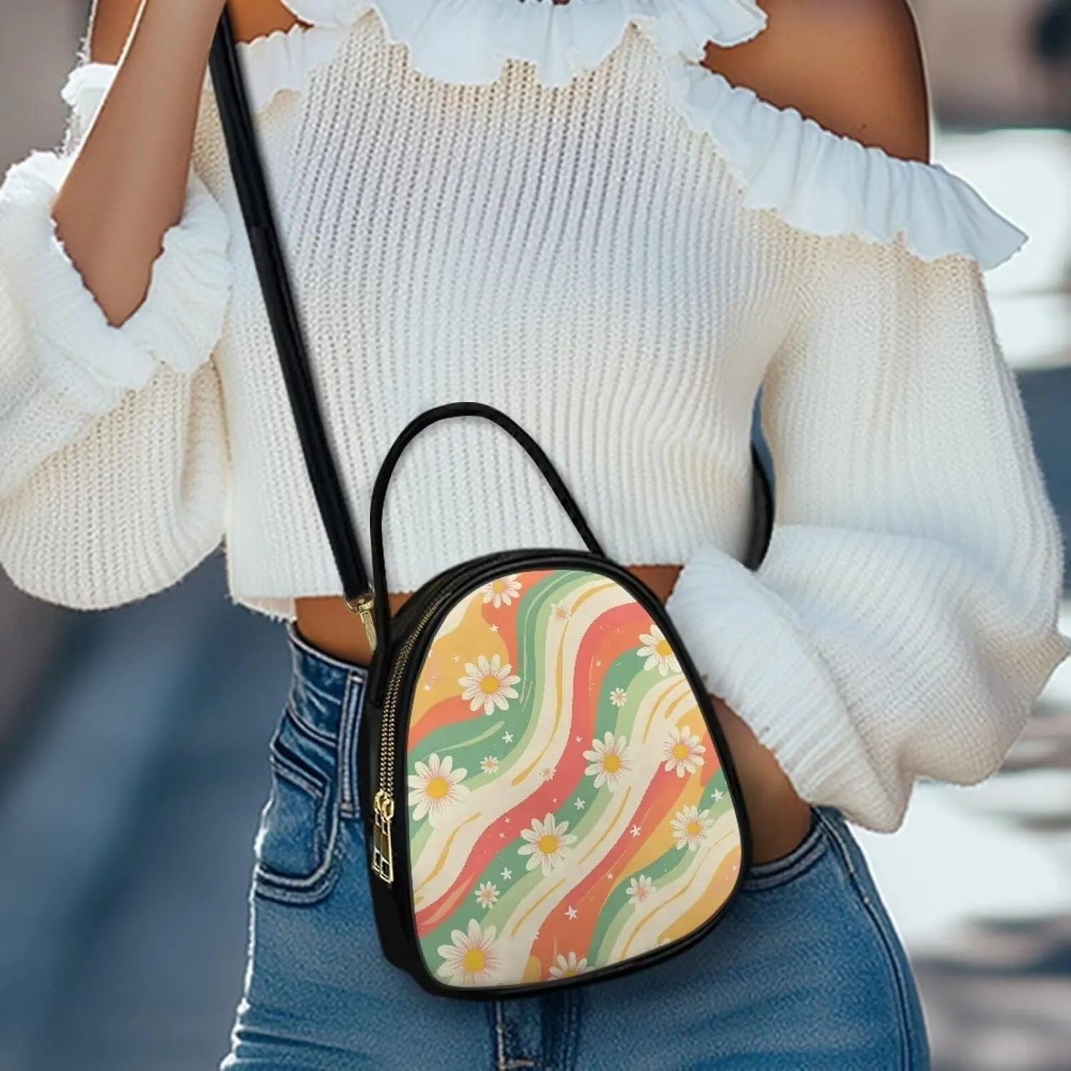 PU Leather Ladies Bag Crossbody Purse with Double Zipper Pocket Women's Double Layer Leather Shoulder Square Bags