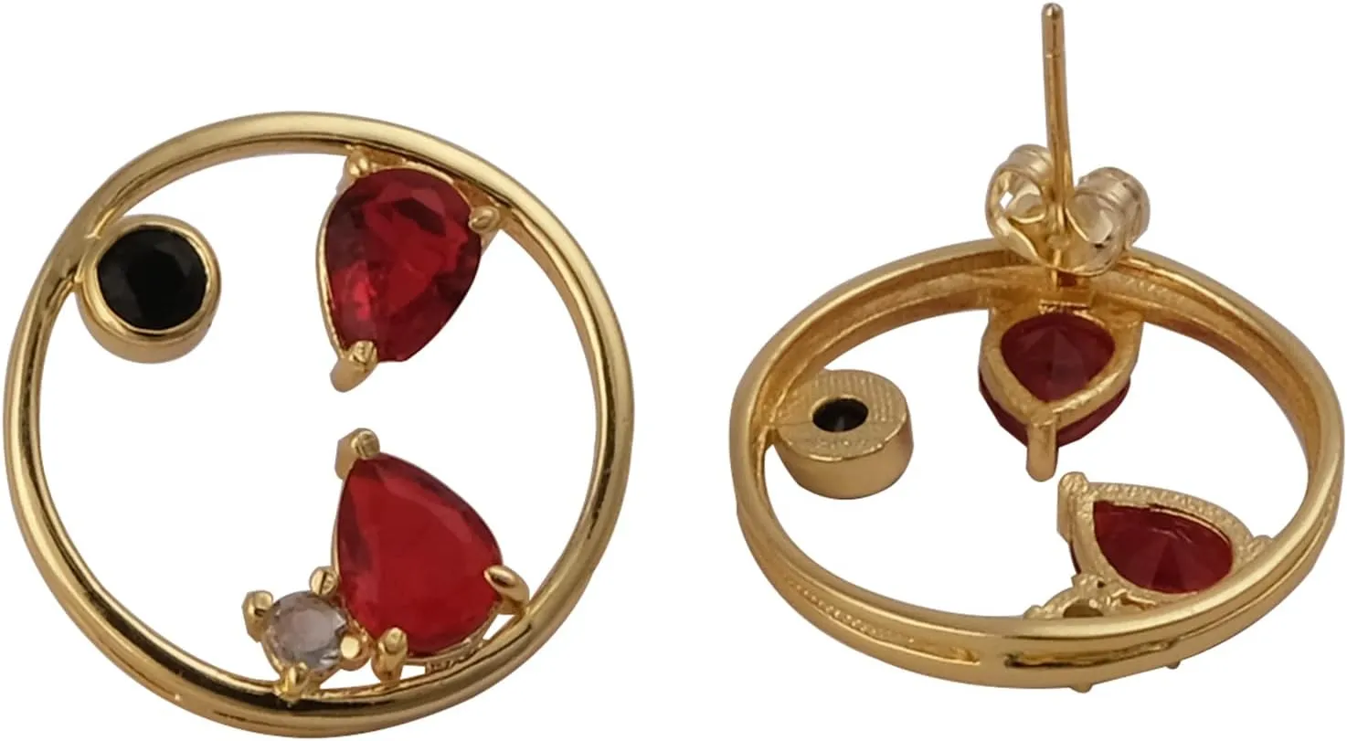 Push Back Gold Plated Stud Earring | Gemstone Red Garnet & Black Onyx & Crystal Quartz Stud Earring | Pear & Round Shape Handmade Prong Set Stud Earring | Gift For Her Jewelry| 1979)4