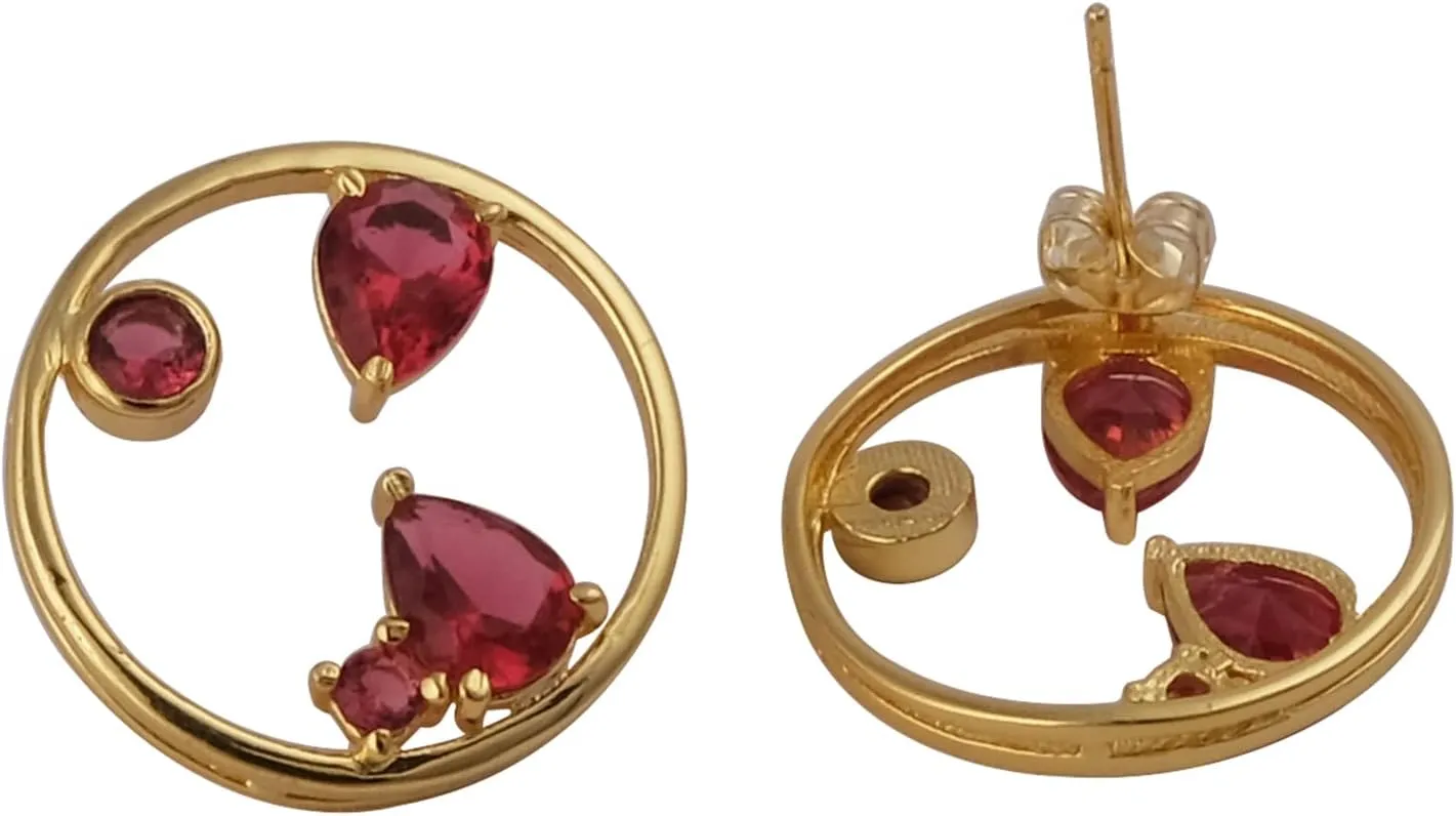 Push Back Gold Plated Stud Earring | Pear & Round Shape Handmade Prong Set Stud Earring | Gemstone Pink Fuchsia Stud Earring Pair | Gift For Her Jewelry | 1979)16