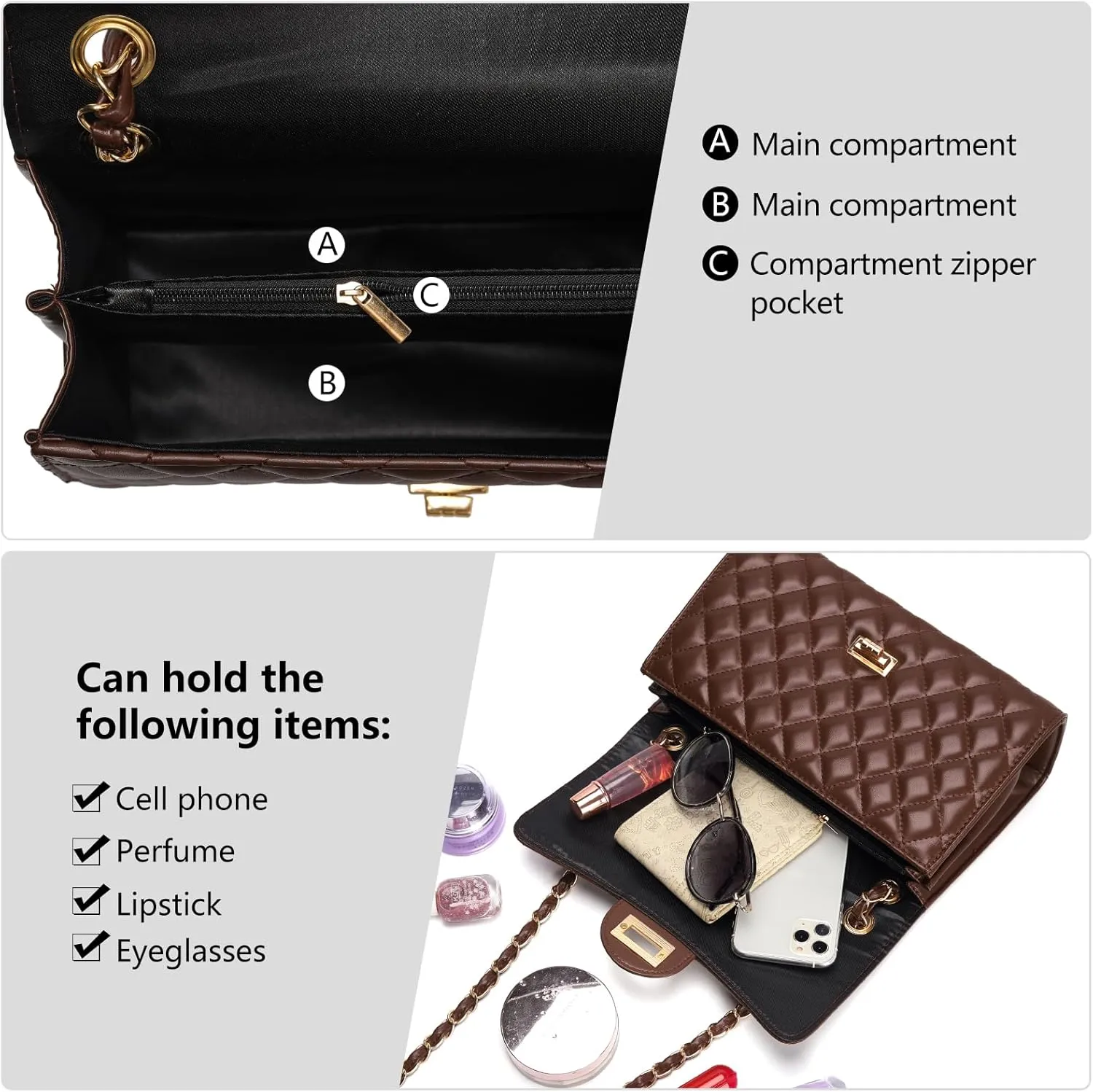 Quilted Leather Crossbody Bags for Women Trendy Ladies Shoulder Purse Satchel HandBag with Chain Strap