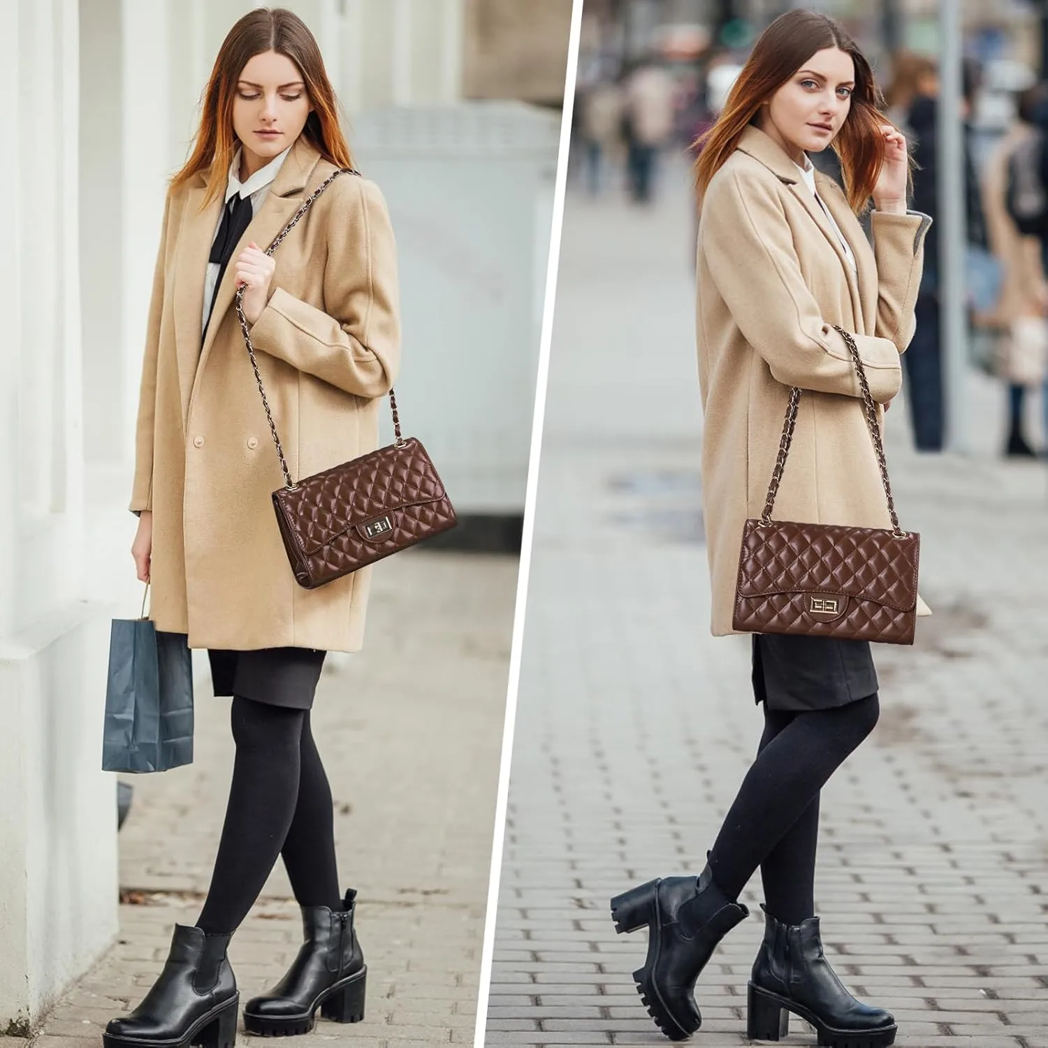 Quilted Leather Crossbody Bags for Women Trendy Ladies Shoulder Purse Satchel HandBag with Chain Strap