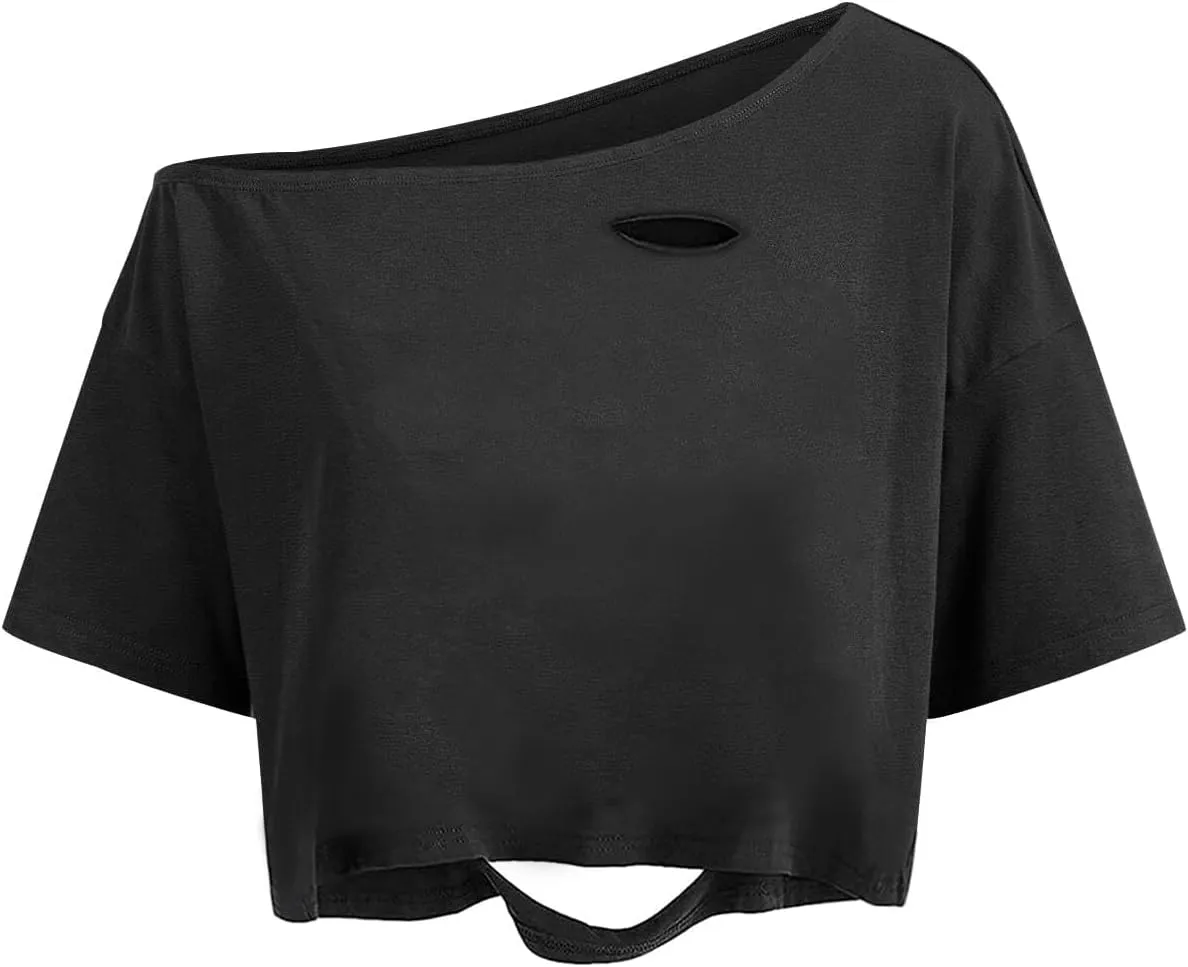 Remidoo Women's Off The Shoulder Graphic Crop Top Tee Half Sleeve Loose Fit T Shirt